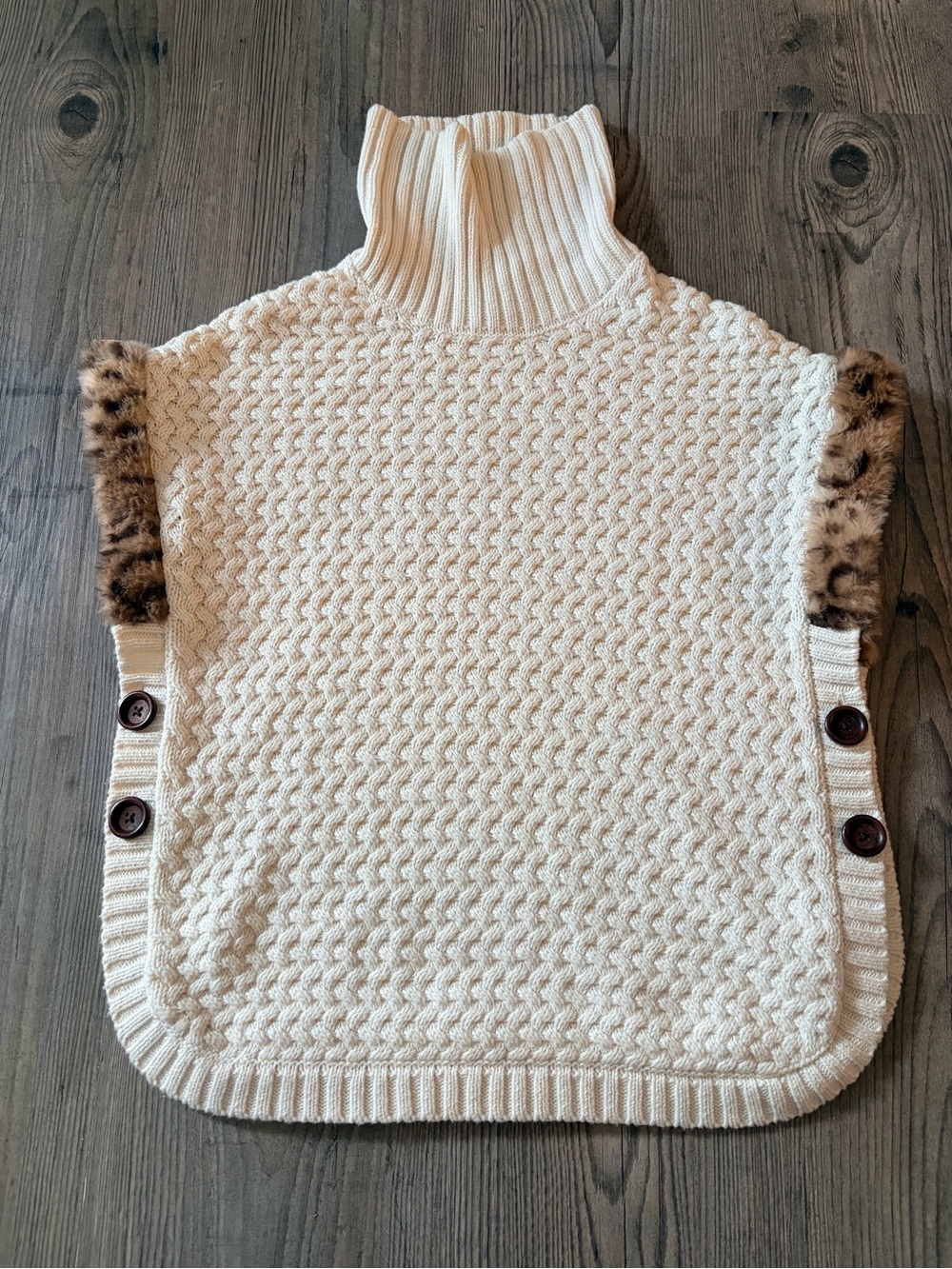 Cream Turtleneck Knit Poncho with Faux Fur Trim